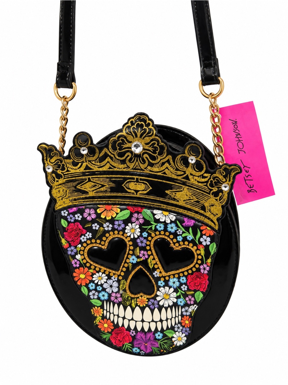 Betsey Johnson Black Floral Skull Crown Crossbody Bag